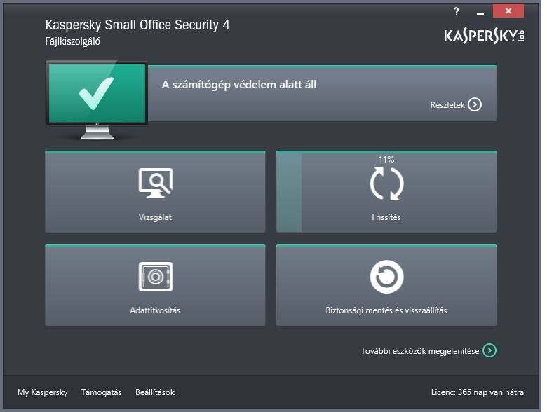 K A S P E R S K Y S M A L L O F F I C E S E C U R I T Y Az alkalmazás fő összetevői a fő ablakon keresztül érhetők el (lásd a lenti ábrát). 1.