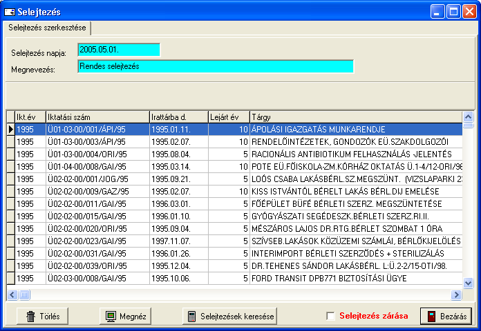 29 IKTAT 1.30 A Selejtezések keresése gombra kattintva a számítógép a lejárat évébol, az irattárba helyezésbol kiszámolja, hogy mely ügyiratok selejtezhetok. Ezek látszanak a listában.