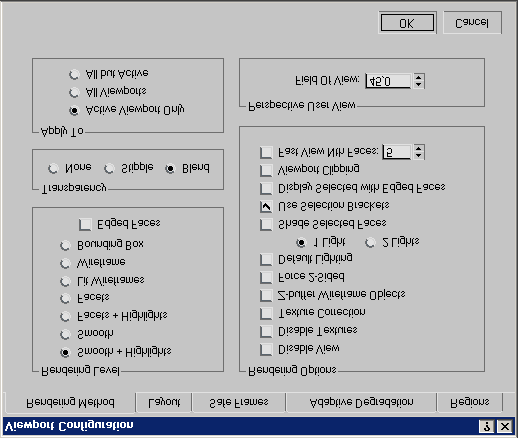 Configure A nézetablakokkal kapcsolatos beállításokat végezhetjük el. A megjelenõ ablakot még a Customize / Viewport Configuration menüponttal is megjeleníthetjük.