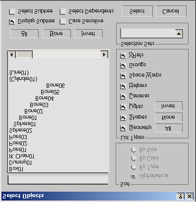 (csoportok), XRefs (Externally Referenced Files - külsõ referenciafájlok) típusokat találunk. Az XRef típusú objektumokat külön megjelöli {Sphere01}. A típusok jobb oldalán három nyomógombot találunk.