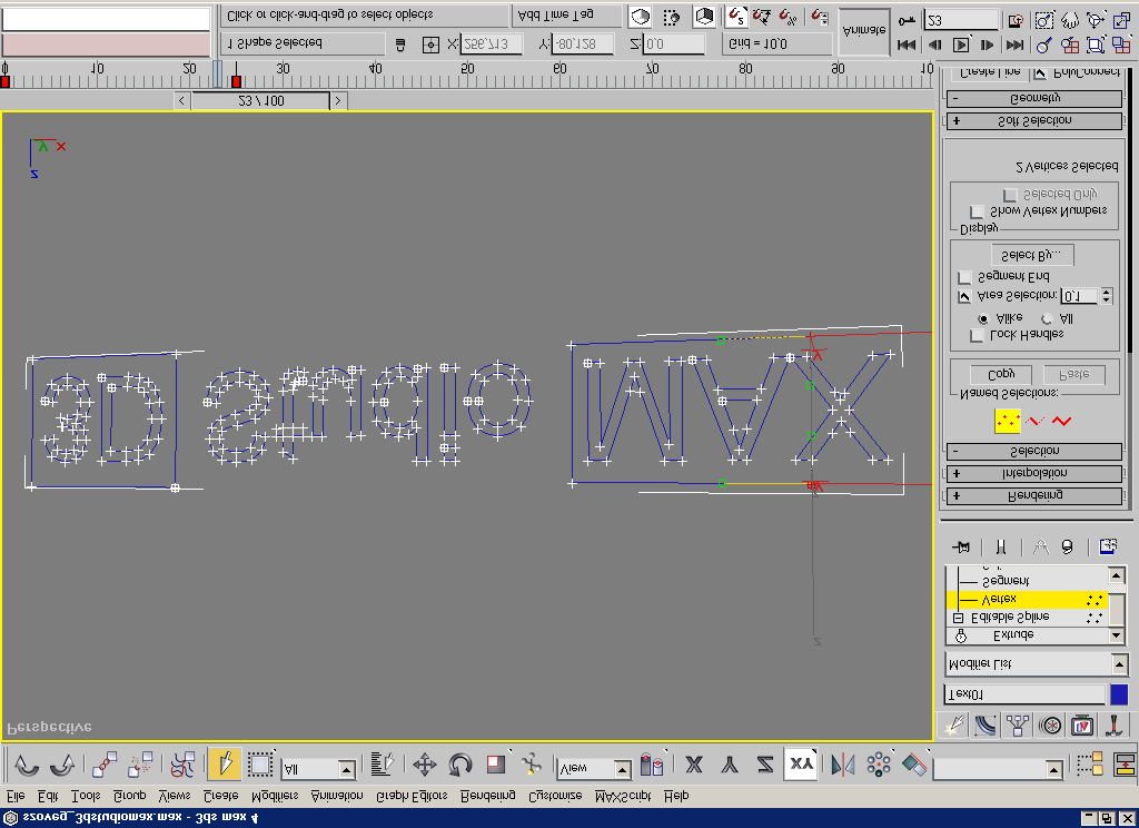 amikor még nem lett kinyomva, és megváltoztatjuk a téglalap két pontjának helyzetét. Kattintsunk a Modifier Stack legördülõ ablakára, ahol válasszuk ki az Editable Spline.