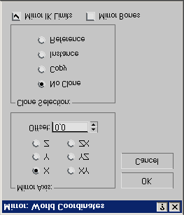 Mirror Selected Object A Mirror ablak címsorában találjuk, hogy a program éppen melyik hivatkozási rendszert használja a tükrözéshez.