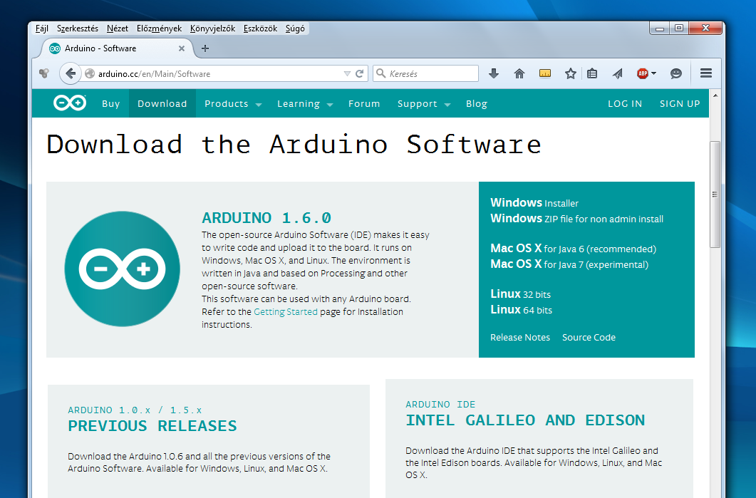Az Arduino IDE telepítése Arduino Letöltésekhonlap: arduino.cc/en/main/software 1. A telepítő letöltése innen ARDUINO 1.0.6 Windows Installer 2. Futtassuk a letöltött arduino-1.0.6-windows.