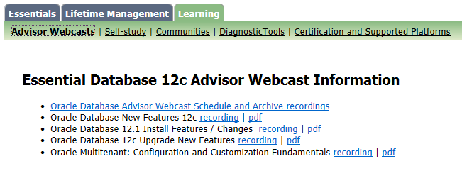 Adatbázis 12cR1 információs központ Information Center: Oracle Database 12c Release 1 - Doc ID 1595421.