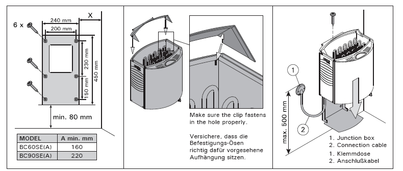 3.3. A kályha beszerelése egy falfülkébe A szaunát be lehet szerelni egy fülkébe is, aminek a magasága minimum 1900 mm. 6.