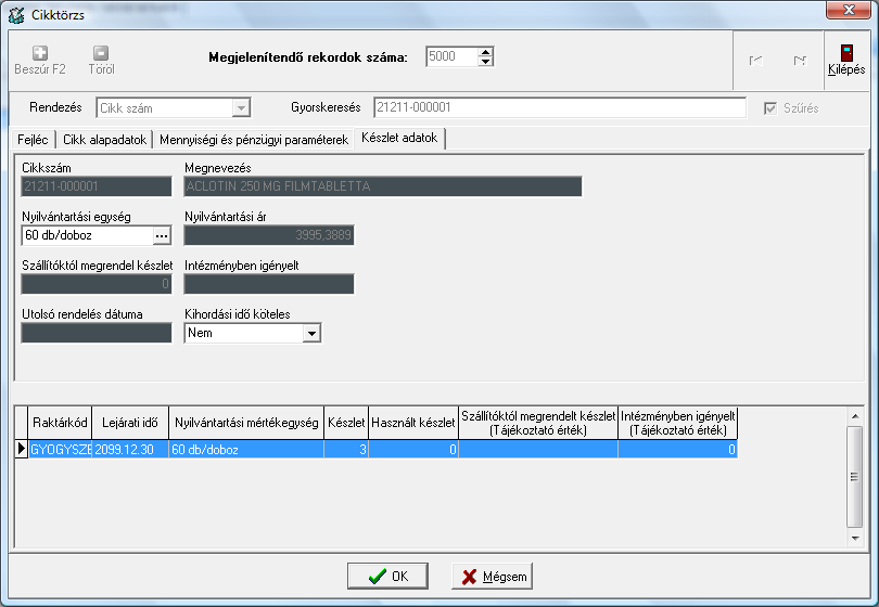 60. ábra Új cikk készlet adatainak megtekintése 6.1.1 Új cikk felvitele A 57. ábra látható ablakos táblázatban a Beszúr gombra kattintva kezdeményezhetjük új cikk felvitelét.