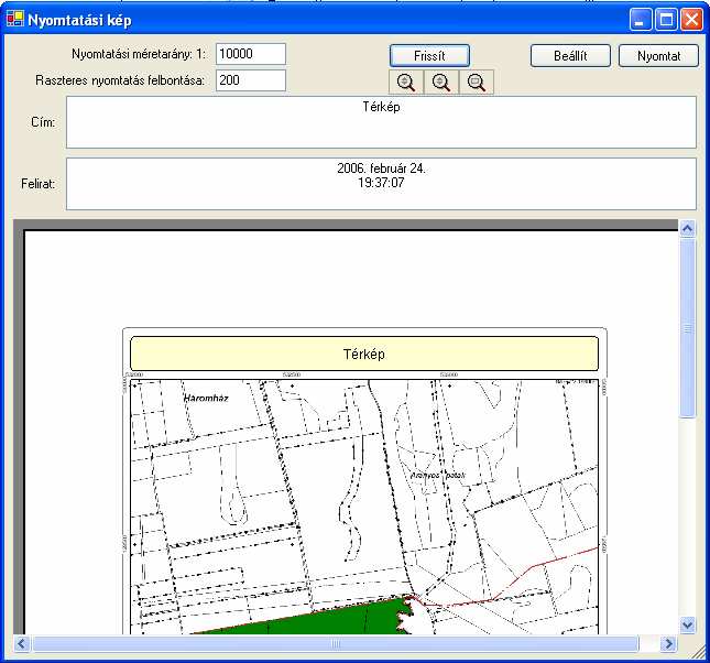 térképrétegek a tematikus beállításoknak megfelelően jelennek meg az adatbázisból. A bal alsó sarokban a méretarány, jobb alsó sarokban a grafikus mérési eredmények láthatók.