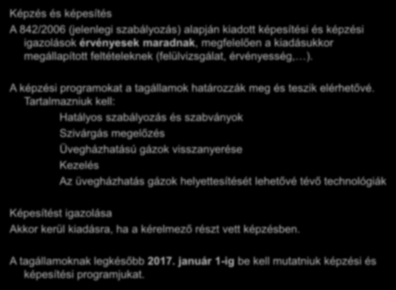 Képzés és képesítés Szivárgás megelőzés A 842/2006 (jelenlegi szabályozás) alapján kiadott képesítési és képzési igazolások érvényesek maradnak, megfelelően a kiadásukkor megállapított feltételeknek