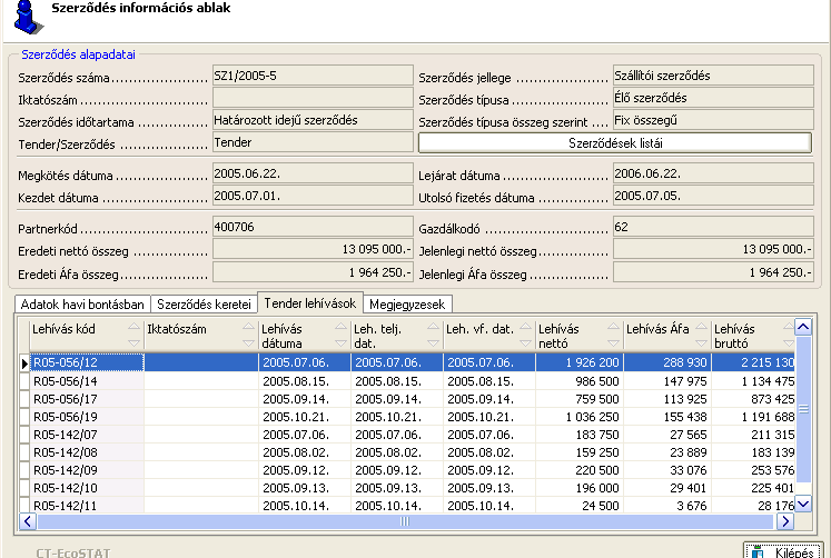 142. ábra Szerződés információ Továbbá ha a harmadik fület választjuk és tenderszerződésről van szó, aminek már vannak lehívásai (az anyagrendelések között), akkor láthatjuk, hogy az adott