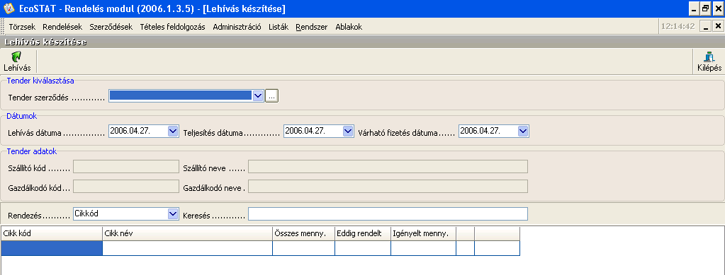 7 Lehívás készítése (anyagrendelés tenderszerződés cikkei alapján) A szerződés rögzítését a Szerződések főcsoportnál tárgyaljuk. A menüpont elindítása után az alábbi képernyőképet kapjuk. 98.
