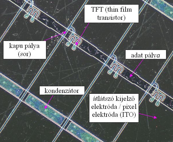 Ásvány és Kőzettani Tanszékén történtek, a polarizáló fóliától és a folyadékkristálytól megtisztított DiBoss gyártmányú televízió színszűrő- (CF) illetve TFT-üveg darabjain (2.3.17.-2.3.21.