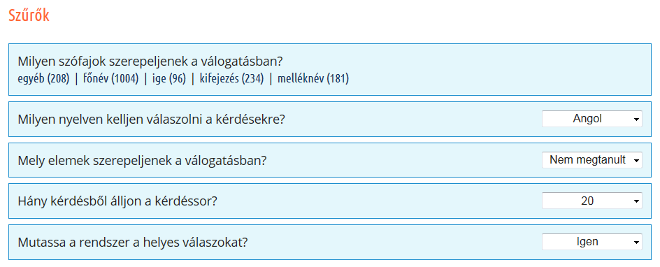 aktív (kijelölt) lecke inaktív lecke A leckék kiválasztása a kérdéssor összeállításához 2.