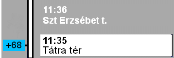 Főképernyő - útvonal megjelenítése, megálló léptetés A képernyő bal oldali részén található a kiválasztott menethez tartozó útvonal (lentről felfelé haladva), az egyes megállókhoz tartozó indulási