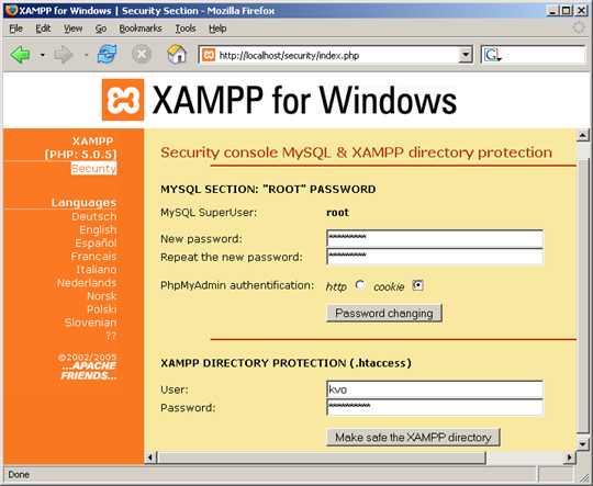 1.Fejlesztőkörnyezet kialakítása 11. oldal 1.3. ábra: XAMPP Control Panel A telepítés után a feltelepült rendszer kipróbálása és a jelszavak megadása célszerű a Security oldalon: 1.4.