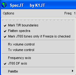 About WSJT SpecJT Options Mark T/R boundaries: húz egy vízszintes vonalat, amivel elválasztja az adás és vétel időintervallumot a SpecJT grafikus kijelzőjén.