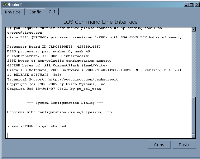 6. ábra Router CLI Első indításkor megjelenik a Continue with configuration dialog? kérdés. Itt mindenféle általános adatokat lehet beállítani a routernek (pl. hostnevet, jelszót stb.
