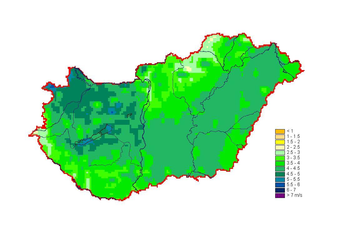 Átlagos szélsebesség 25 m magasságban Forrás: Országos Meteorológiai szolgálat Napenergia A napenergiahasznosító berendezéseknél általában a légkörön áthaladó közvetlen sugárzás és a szórt sugárzás