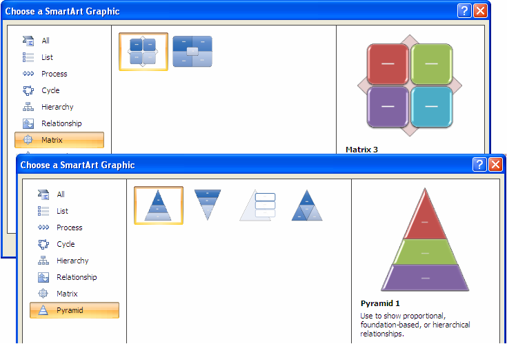 A mátrix és piramis diagramoknak kevés altípusuk van A SmartArt diagramok formázása Mint láttuk, egy SmartArt diagram kiválasztása után megjelenik a SmartArt Tools Design szalag, amelynek elemeivel