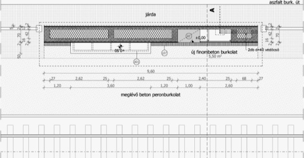 3.) Új esőbeálló építése Az esőbeállók vandálbiztos kivitelben, vasbeton szerkezettel készültek, a típusépületek padlóján és lábazatán is alkalmazott mészkővel burkolva.