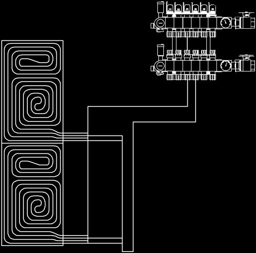 A szelep és a panelek összekapcsolása általában 20 mm-es csővel történik. Kétcsöves elosztó rendszer A fűtési és a hűtési folyadék ugyanabban a csőrendszerben kering.
