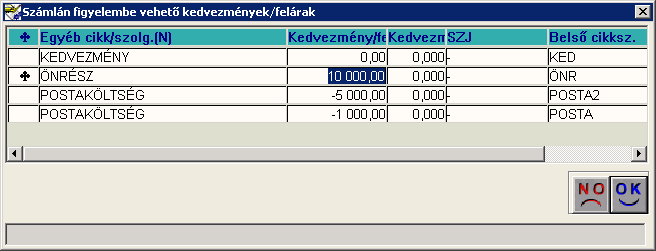 Számlázást megelőzően megjelenik egy ablak, ahol beállítható, mennyi a cég által adott önrész kedvezmény (ezt nem veszi figyelembe a rendszer a fizetési megoszlás