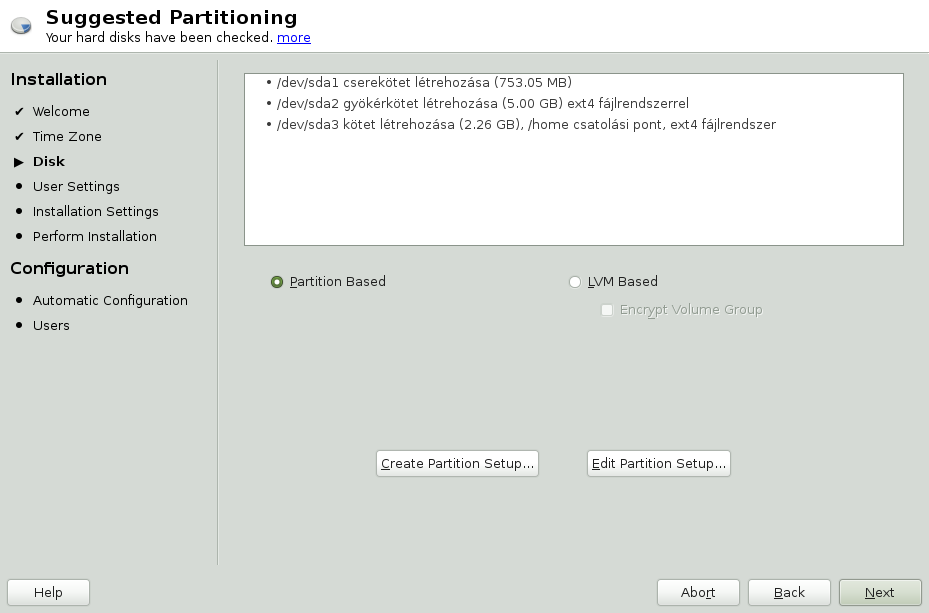 20. ábra Partíciók Tapasztaltabb felhasználók az Edit Partition gombra kattintva, majd a System View panelen a Hard Disks menüpontban kiválaszthatják a megfelelő