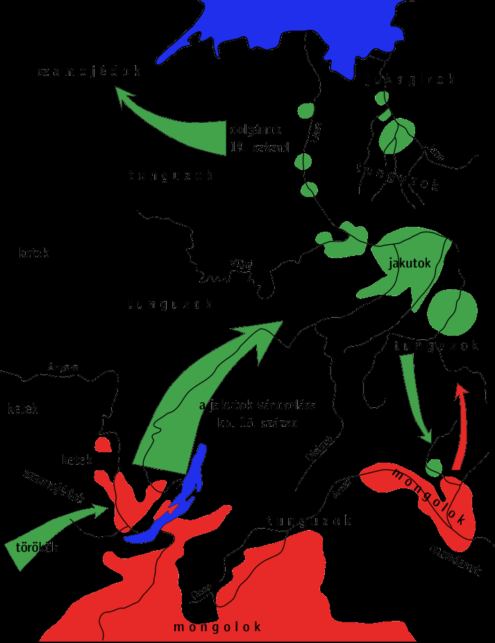 ÚJABB LEHETŐSÉGEK A MAGYAR NYELV TÖRÖK ELEMEINEK KUTATÁSÁBAN 1. térkép: A jakutok vándorlása Kara (1972) nyomán nagy valószínűséggel a 12. század végén vagy a 13.