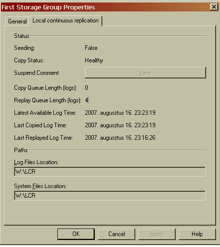 EXCHANGE 2007 - SPONTÁN 7.15. ÁBRA A STORAGE GROUP TULAJDONSÁGLAPJÁN OTT VIRÍT EGY ÚJ ÉRTÉK A 7.14 ábrán az adatbázis helyzetérzékeny menüjét látjuk. Igen, kibővült két lehetőséggel.