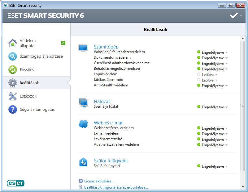 4. Az ESET Smart Security használata Az ESET Smart Security beállításai lehetővé teszik a számítógép és a hálózat védelmi szintjének a megadását.