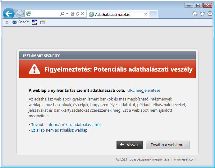 Megj egyzés: Az engedélyezőlistán szereplő lehetséges adathalász webhelyek alapértelmezés szerint néhány óra múlva lejárnak.