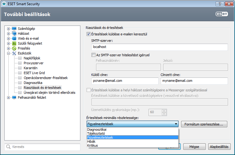 4.6.11 Riasztások és értesítések Az ESET Smart Security támogatja e-mailek küldését a kiválasztott részletességi szintű esemény előfordulása esetén.