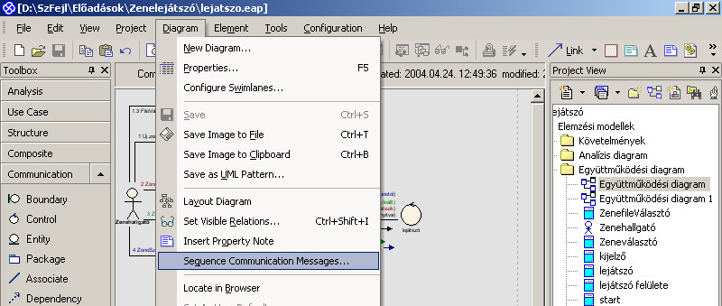 Együttműködési diagram készítése od Interactions EA: objektumdiagram eszköztárak 1 Üzenet 1.