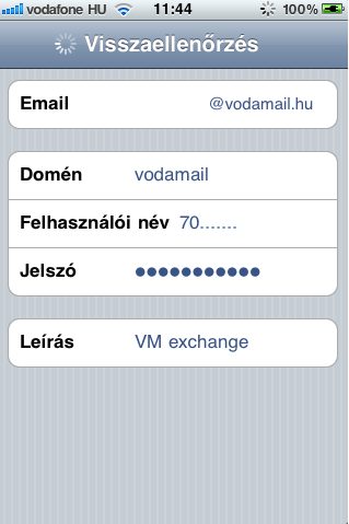 MAPI Vodamail beállítása iphone 4.1-en Exchange fiókban.