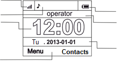 4.2. Készenlét mód Amikor a telefon be van kapcsolva, de nem használjuk, akkor készenléti állapotban van. 1 2 5 A kijelző leírása 4 3 7 6 Jelmagyarázat: 1. Hálózat jelzése 2.