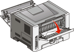 A hátsó ajtó mögötti papírelakadás megszüntetése Ha a papír kilóg a nyomtatóból, akkor egyszerűen húzza ki.