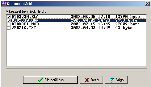 ábra szerinti Dokumentáció gombbal kezdeményezzük a letöltést. Az eredményt a következő ábra (2-4.) mutatja. 2-4. ábra A kommunikációs file-ok kiválasztása Jelöljük ki a.bla és a.