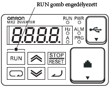 2. RUN utasítás billentyőzetrıl történı kiadása. A RUN parancs hatására az inverter a programozott fordulatszámra gyorsítja a motort.