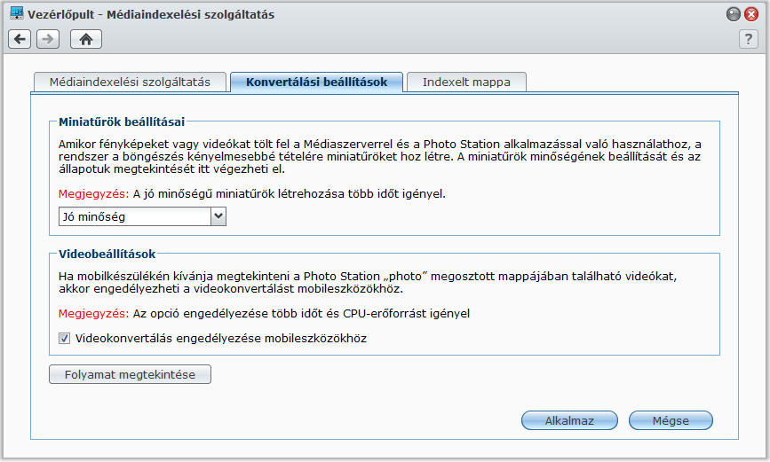 Miniatűrök és videók beállítása Synology DiskStation használati utasítása A miniatűrök minőségének beállítására és a konvertálásuk folyamatának megtekintése érdekében menjen a Főmenü > Vezérlőpult >