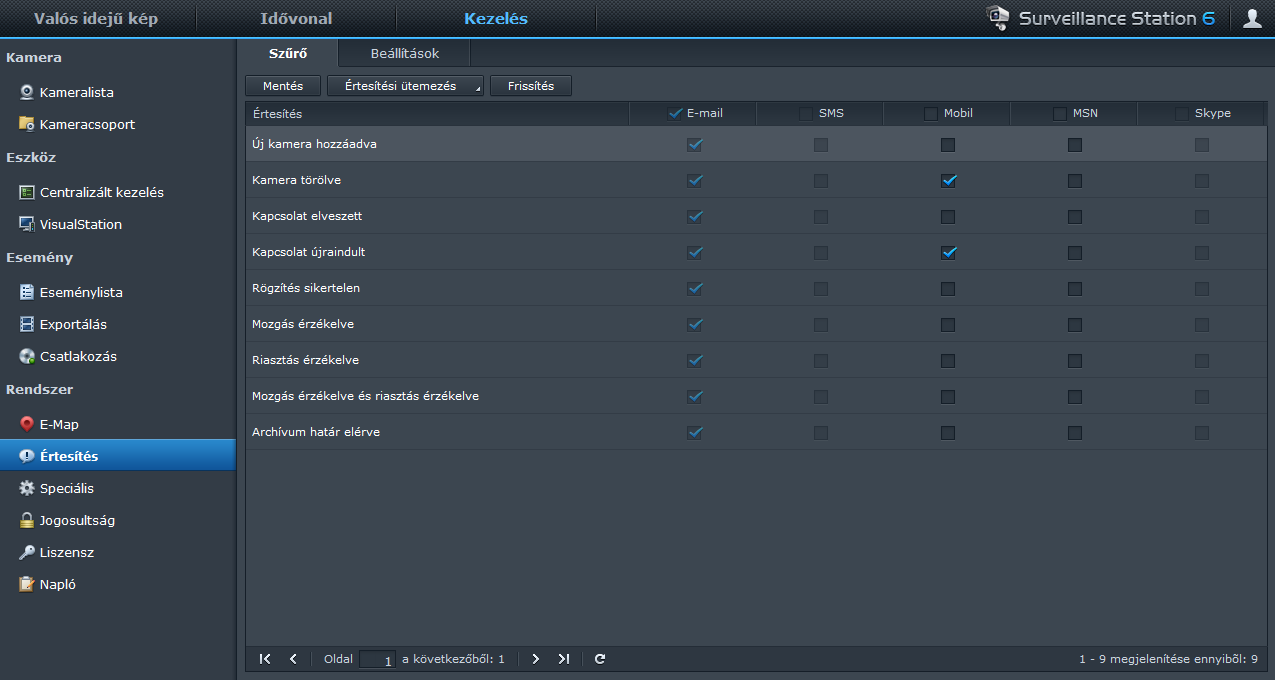 Synology DiskStation használati utasítása Értesítési beállítások kezelése A Kezelés fülön menjen a Rendszer > Értesítés lehetőségre, ha azt szeretné, hogy a Surveillance Station értesítő üzeneteket