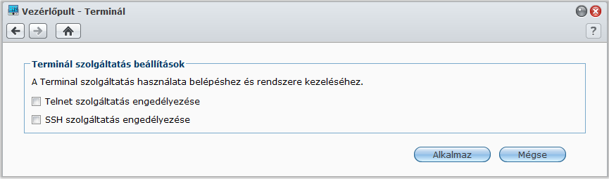 Terminálszolgáltatások engedélyezése Synology DiskStation használati utasítása A terminálszolgáltatás engedélyezéséhez menjen a Főmenü > Vezérlőpult > Terminál menüpontra, ími lehetővé teszi Telnet