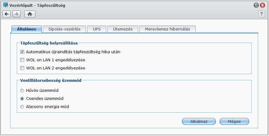 Energiatakarékos funkciók használata Synology DiskStation használati utasítása Menjen a Főmenü > Vezérlőpult > Tápfeszültség pontra a DSM által kínált következő energiatakarékossági funkciók