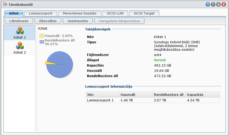 Synology DiskStation használati utasítása Kötetek és lemezcsoportok kezelése a Tároláskezelő segítségével DiskStation kötetek, illetve lemezcsoportok létrehozásához, beállításához és kezeléséhez