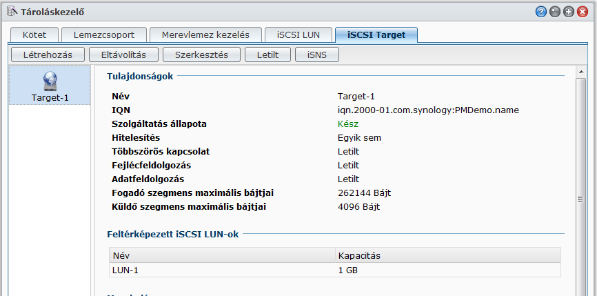 Synology DiskStation használati utasítása iscsi Target kezelése a Tároláskezelő segítségével Menjen a Főmenü > Tároláskezelő pontra, majd a Synology DiskStation iscsi Targetjeinek kezeléséhez