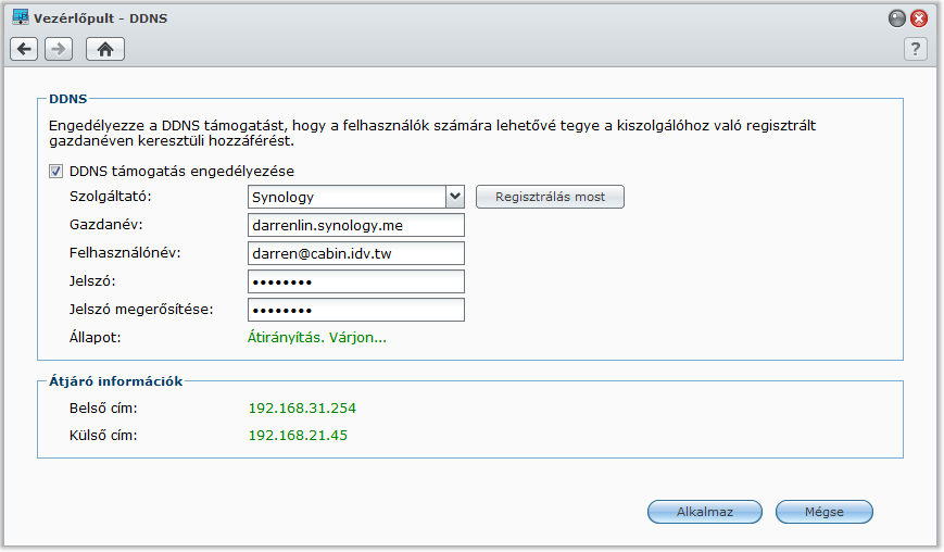 Synology DiskStation használati utasítása DDNS regisztrálása DiskStationhöz DDNS (Dynamic Domain Name System) gazdanevet regisztrálhat a Synology DiskStation számára, így lehetővé téve számára, hogy