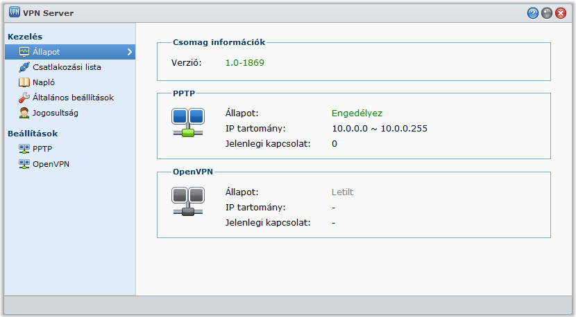 Synology DiskStation használati utasítása VPN-kapcsolat beállítása A VPN Server egy segédprogramcsomag, amely lehetővé teszi, hogy a DiskStation PPTP/OpenVPN VPN (virtuális magánhálózati) szerver