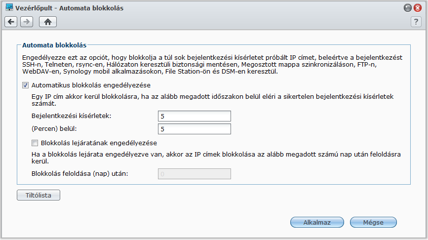 Synology DiskStation használati utasítása Gyanús belépési kísérletek automatikus blokkolása Az automatikus blokkolás lehetővé teszi az ön számára a hitelesítetlen bejelentkezés megelőzését.