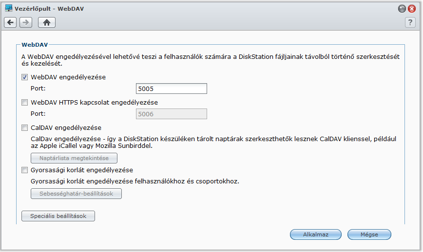 Synology DiskStation használati utasítása Fájlok elérése WebDAV segítségével A WebDAV, illetve a CalDAV engedélyezésével (Főmenü > Vezérlőpult > WebDAV) a távolból kezelheti és