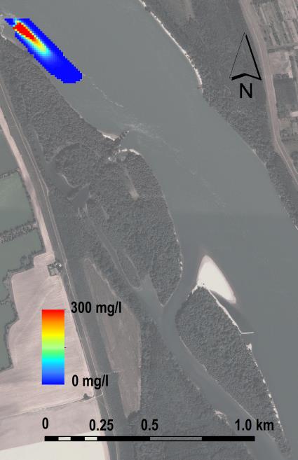 5.13-2. ábra Baleseti szennyezés-felhő terjedése 2D modellel számolva.