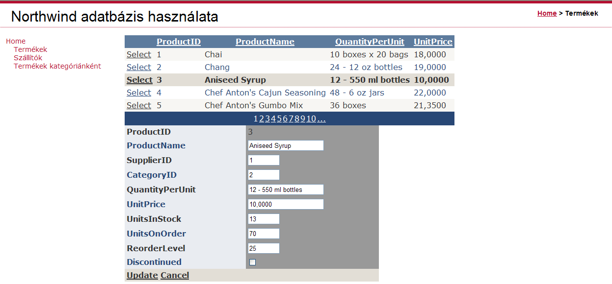 16. Kattintsunk az Edit gombra. Ekkor jól láthatóan a DetailsView terület megváltozik, hozzáférünk az adatmezőkhöz, és most a mezők alján az Update és Cancel gombok jelennek meg.