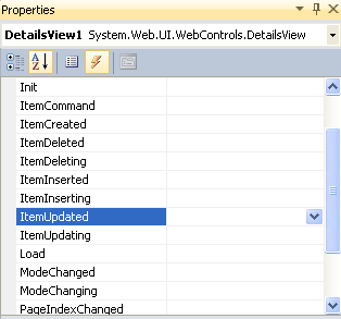A DetailsView vezérlőelem Properties ablakában kattintsunk az Események (villám) ikonra.